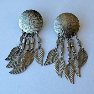 Round Silver Medallion Pierced Earring with Hanging Silver Feathers